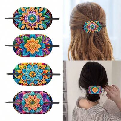 4pcs Diamond Art Painting Kit - DIY Mandala Flower Hair Clip Set, Special Shape Diamond Art Craft Kit, Colorful Floral Mosaic Handmade Crafts, Suitable For Festivals, Daily Wear And Parties