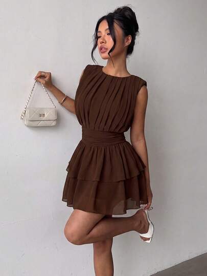 Elegant Brown Chiffon Sleeveless Mini Dress, Ruched Bodice, Layered Ruffle Hem, Suitable For Summer Vacation, Autumn Outings, Holidays, Graduation Ceremonies
