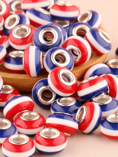 20 hạt nhựa sọc đỏ xanh trắng 14mm lỗ lớn, đường kính lỗ 5mm, phụ kiện trang sức Ngày Độc lập, phù hợp làm vòng tay xích rắn DIY, dây chuyền và đồ thủ công khác, phụ kiện trang trí không khí lễ hội
