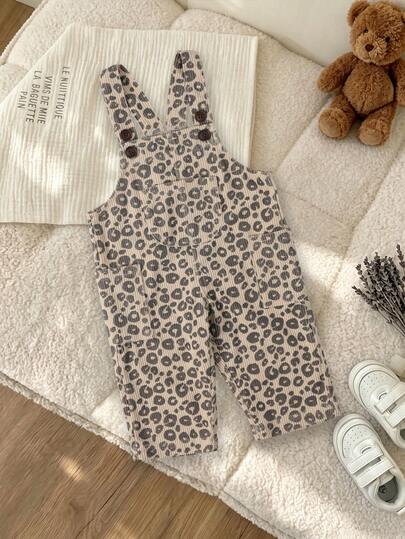 1pc Infant Comfortable Daily Soft Multi-Pocket Leopard Print Overalls Pants Spring Autumn Winter