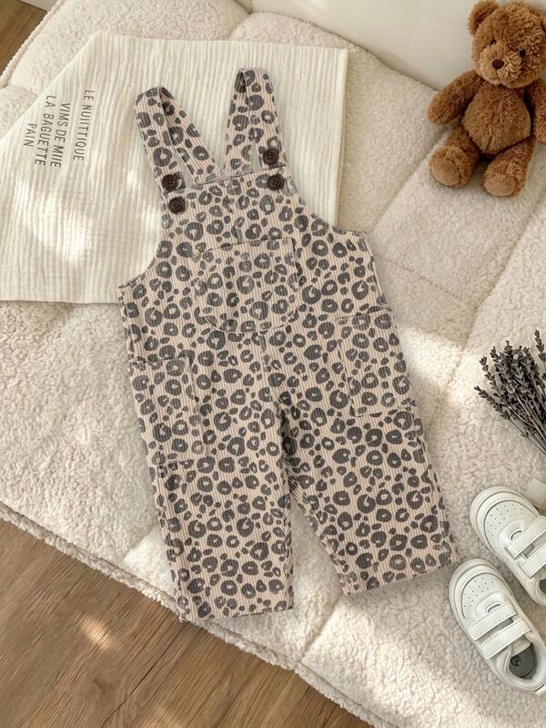 1pc Infant Comfortable Daily Soft Multi-Pocket Leopard Print Overalls Pants Spring Autumn Winter