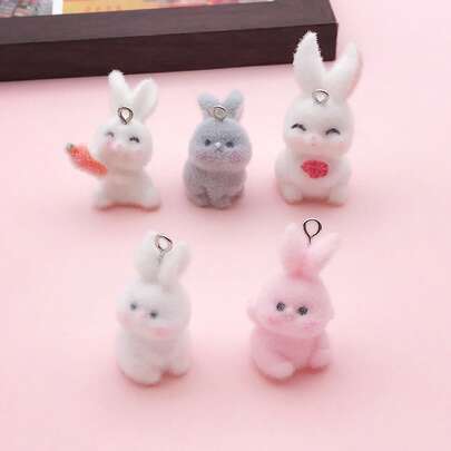 5pcs Flocking Resin Rabbit Charms, Soft Pastel Bunny With Carrot Heart Pendants For DIY Earrings Bracelets Necklaces Handmade Jewelry Craft Supplies