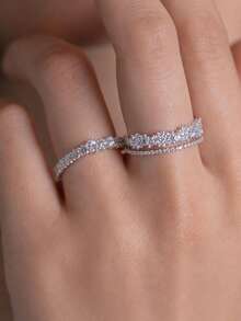 Set 2 Cincin Wanita, Cincin Logam Perak Berhias dengan Desain Bunga CZ, Cocok untuk Pernikahan, Pesta, dan Prom - MultiWarna - View 1