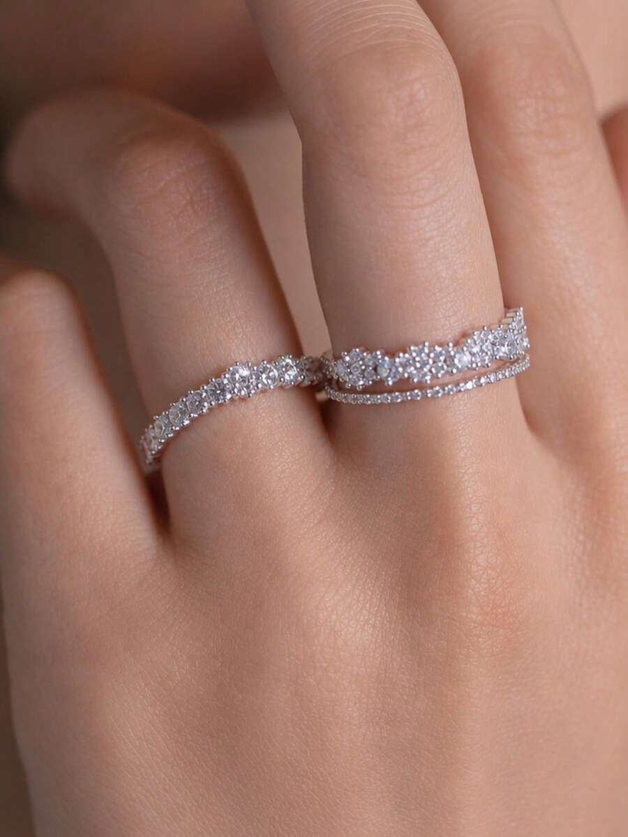Set 2 Cincin Wanita, Cincin Logam Perak Berhias dengan Desain Bunga CZ, Cocok untuk Pernikahan, Pesta, dan Prom - MultiWarna - View 1