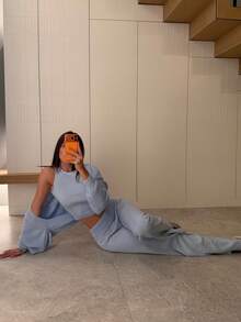 Senya 2026 Women's 3 Pieces Knit Set, Ribbed Cropped Tank Top, Bolero Cardigan And Wide Leg Pants, Soft Blue Matching Outfit, Fashion Quiet Luxury Casual Wear - Baby Blue - View 6
