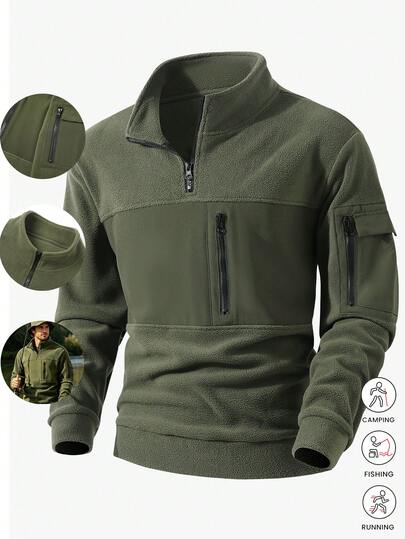 Chaqueta de forro polar para hombre, sudadera gruesa con múltiples bolsillos y cremallera, sudadera casual de unicolor para exteriores, top deportivo grueso de invierno, adecuado para actividades al aire libre, ciclismo, senderismo, deportes al aire libre, correr, pesca, uso casual diario
