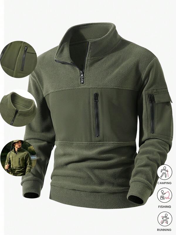 Men's Fleece Jacket, Thick Pullover Sweatshirt With Multiple Pockets And Zipper, Solid Color Outdoor Casual Sweatshirt, Thick Winter Sports Top Fall