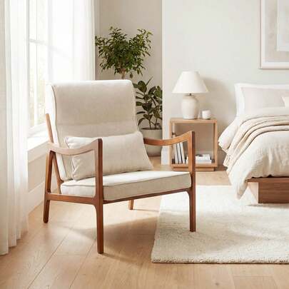 1/2 PCS Linen Fabric Upholstered Armchair With Lumbar Pillow, Removable Back, Seat Cushions Beige/Brown