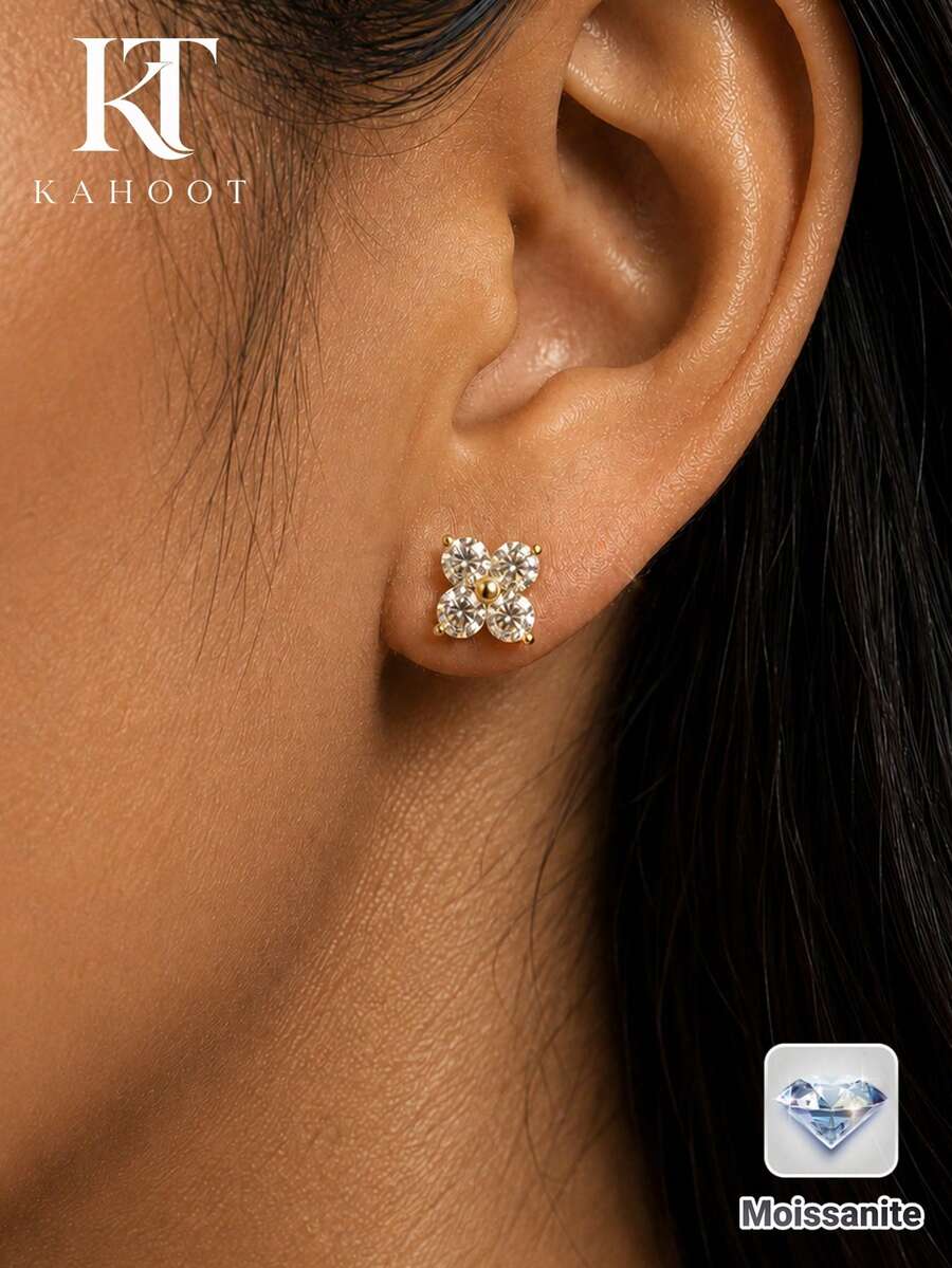 KAHOOT 1 Pair Exquisite 925 Sterling Silver Moissanite Earrings, Delicate Floral Design, Suitable For Daily Wear, Dating And Vacation