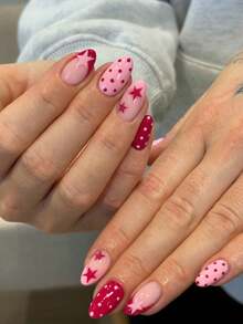 30pcs Short Almond Shape Simple Polka Dot Fake Nails Short Oval Nail Tips Manicure Set, Includes 1pc Double-Sided Adhesive And 1pc Nail File, Suitable For Daily Wear, Summer Nails - Multicolor - View 9