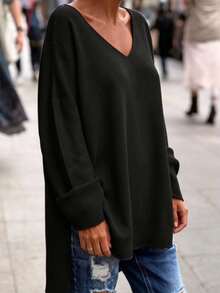 5pcs V-Neck Knit Tops With Front Short Back Long Hem And Side Slit, Spring Autumn Winter - Multi-color Multi-piece Set - View 5