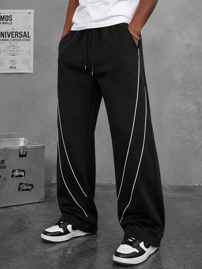 1pc Men's Straight Leg Pants, American Street Style Side Double White Stripe Long Pants, Smooth Drape Fabric Easy Care, Machine Washable, American Street, Sports Casual, Daily Commute Versatile Long Pants
