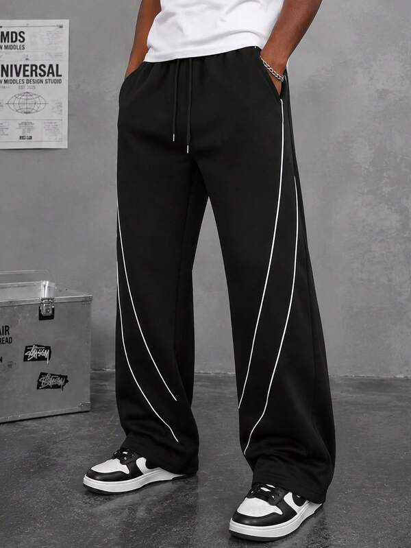 1 Stück Herrenhose mit geradem Bein, amerikanischer Streetstyle mit doppeltem weißen Seitenstreifen, glatter Fallstoff, pflegeleicht, maschinenwaschbar, amerikanischer Streetstyle, sportlich-lässig, vielseitige lange Hose für den täglichen Arbeitsweg