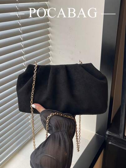 Black Ruched Metal Chain Bag, Niche Velvet Cloud Bag, Versatile Shoulder Crossbody Bag For Commute, Date And Evening