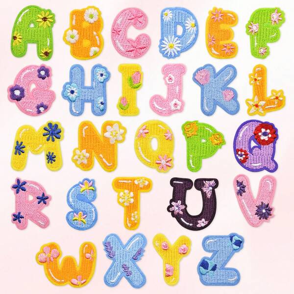 26Pcs Colorful Daisy Flower Stick-On Letter Patches, Cute Pastel Floral Alphabet Embroidered Appliques, Self-Adhesive Name Badge For DIY Crafts Decor