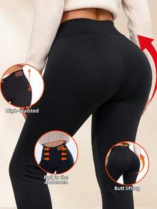Women'S Casual Thermal Lined Warm Base Layer Pants Thick Jogger Trousers Tights Black Winter - Black - View 3