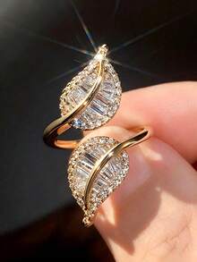 1 pieza Anillo abierto con forma de hoja de circonita cúbica de lujo, adecuado para uso diario para mujeres - Plateado - Ver 15