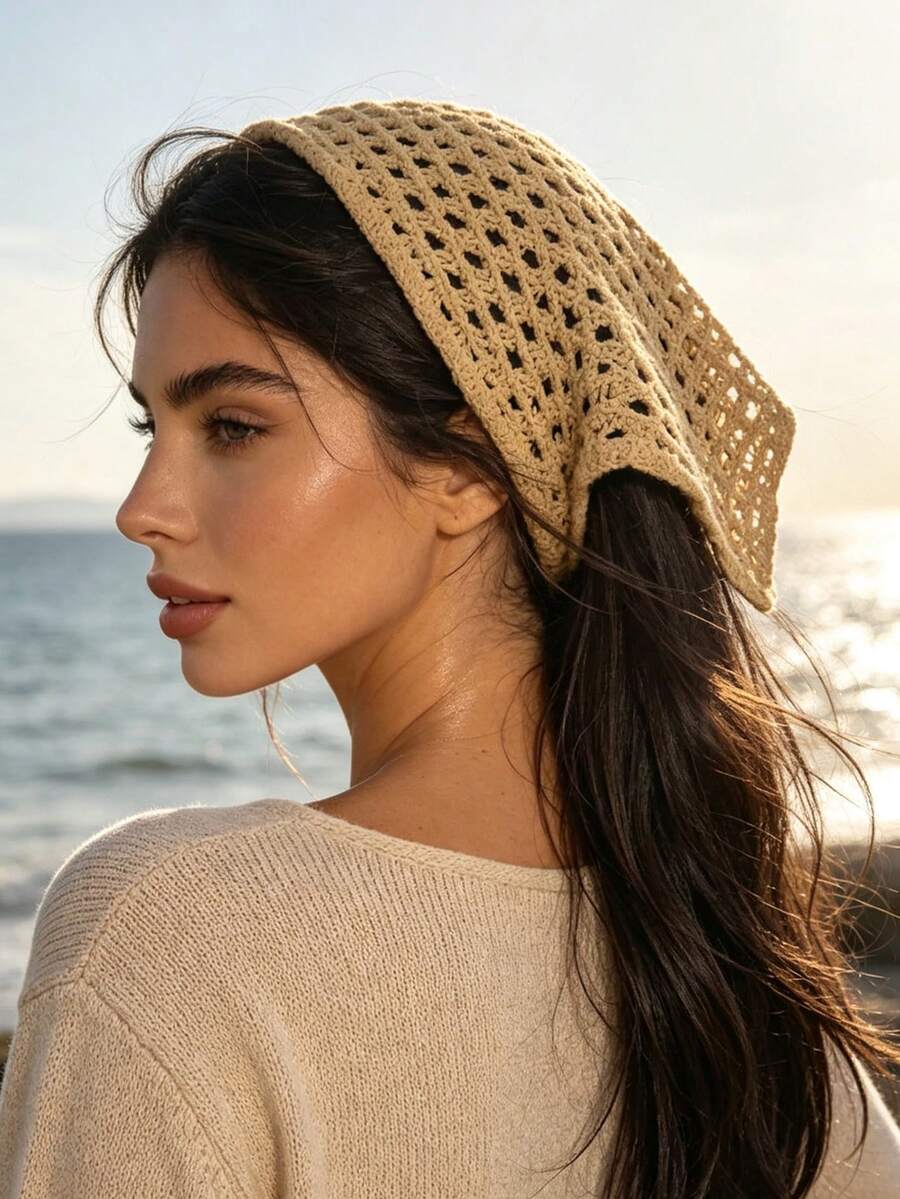 1 pezzo Bandana triangolare in stile boho con lavorazione a maglia traforata all'uncinetto, copricapo regolabile con laccio posteriore, decorazione per capelli per spiaggia, viaggi, vacanze e servizi fotografici - Multicolore - Visualizzare 1