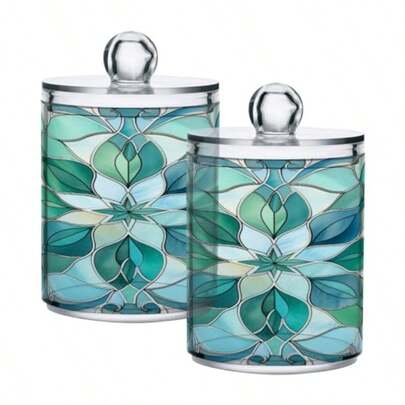 5782- Clear Plastic Jars Cotton Swabs Cans, Turquoise Flower Pattern Bathroom Canisters Storage Organizer With Lids 2PCs Set For Cotton Ball, Cotton Swab, Flossers, Hair Bands