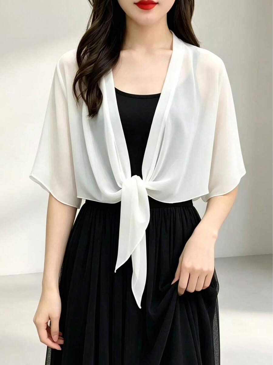 1 buah Cardigan Syal Chiffon Wanita, Musim Semi/Panas, Pendek, Tanpa Lengan, Sangat Tipis, Serbaguna, Bukaan Depan, Perlindungan Matahari Pantai, Perlindungan UV
