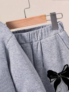 Girls' Bow Pattern Warm Hoodie And Sweatpants - Grey - View 5
