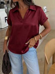 Minimal Silky Vacation Short Sleeve Shirt Graduation Commute Travel Vacation City Trip Leisure Brunch Wear - Burgundy - View 10