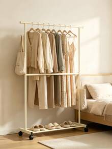 2-Tier/1 Tier Rolling Clothes Rack With Wheels, Large Capacity Double Rod Clothing Rack On Casters,Heavy Duty Metal Garment Rack With Bottom Storage Shelf, Freestanding Clothing Organizer For Bedroom Laundry Room,Easy Assembly - Multicolor - View 5