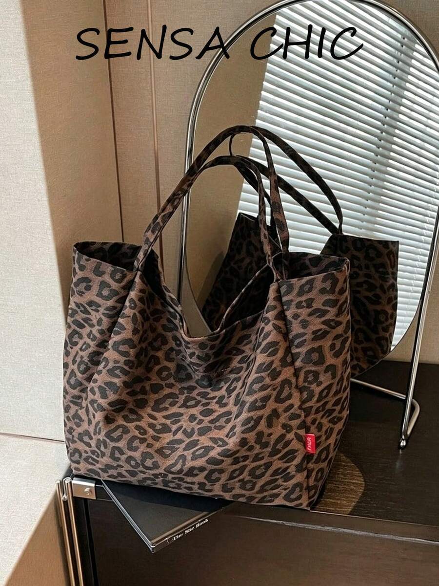 女款休閒托特手提包,豹紋設計,大容量內裡與舒適手柄,適合通勤、週末及日常穿搭 - 棕色 - 查看 1