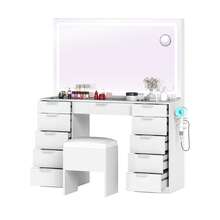 Yitahome Vanity Desk With 11 Drawers & Glass Top, LED Mirror And Stool, Dimmable Dressing Table With Large Mirror For Bedroom - White - View 6