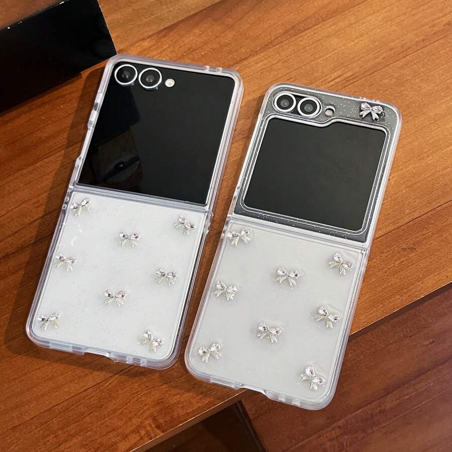 Compatible With Galaxy Z Flip3/Z Flip4/Z Flip5/Z Flip6/Z Glitter Transparent 3D Rhinestone Bow Phone Case, Minimalist Clear Girly Style Full Coverage Anti-Drop Foldable Hard Shell