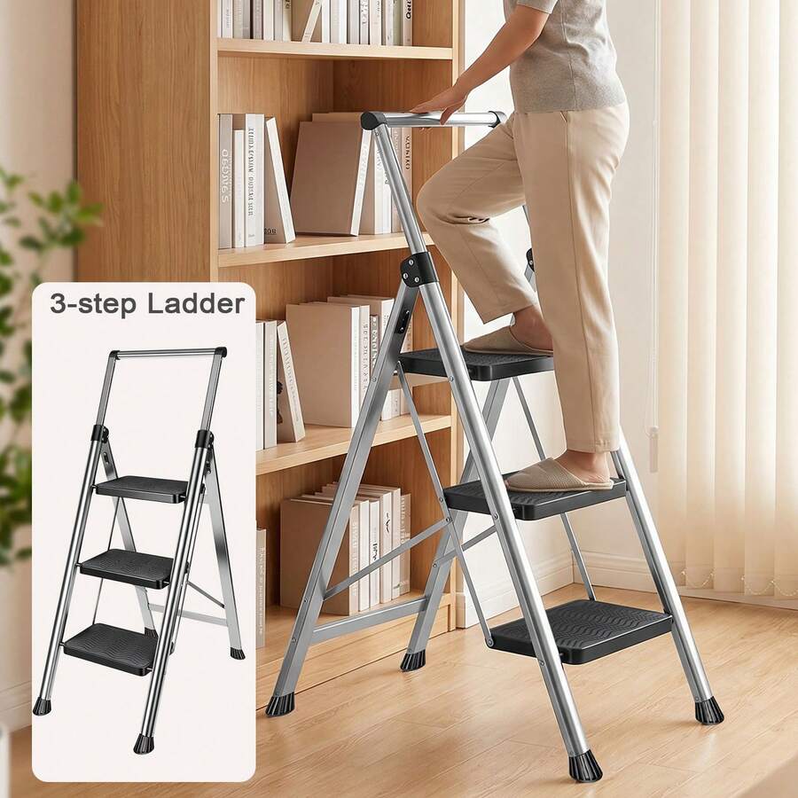 4-Step 3-Step Folding Ladder Household A-Frame Step Stool, Thickened Carbon Steel With Handrails, Non-Slip Wide Pedal, 150kg Load, Foldable Storage Ladder, Multi-Use Plant Stand Shelf - 3-step Folding Step Stool - View 1