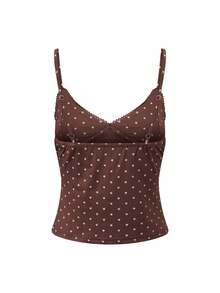 Women Polyester Polka Dot Spaghetti Strap Tank Tops Y2K Fairycore Lace Trim Corset Camisole V Neck Slim Cami Tops Cute Crop Tops Summer Going Out Top - 深棕色-白色波點 - 查看 5