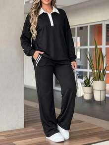 Women's Casual 2 Pieces Set, With Pockets And Button Details, Black Wide Leg Pants And Pullover Top, Medium Stretch Autumn Outfit - Black - View 4