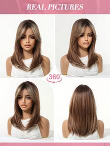Topshe Ava WIGS 18英吋黑棕色長層次假髮附瀏海，柔軟易造型合成纖維髮，適合女性日常配戴、上班、度假，亦適合作為萬聖節、聖誕節女性禮物 - 摩卡棕 - 查看 9