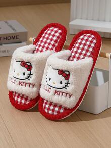 MAOLI Hello Kitty 開趾毛絨室內拖鞋，四季穿著，貓臉設計，優雅舒適吸汗透氣時尚百搭女款居家拖鞋，適合室內臥室大學宿舍，女款平底涼拖，趣味拖鞋 - 紅色的 - 查看 5