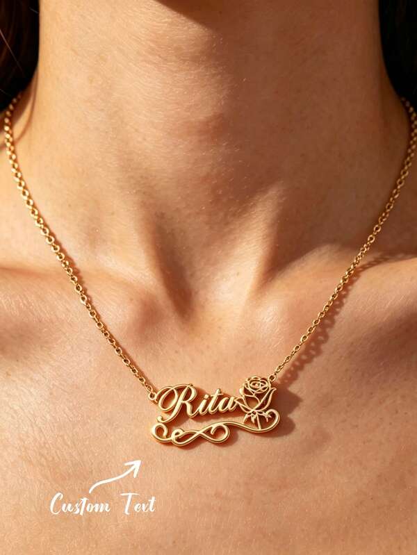 Hollow Rose Ribbon Customized Name Necklace, Women's 18K Gold Plated Stainless Steel Necklace, Personalized Floral Jewelry, Birthday Gift, Daily Wear