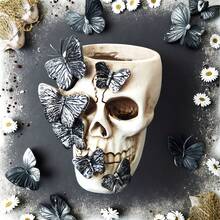 1pc Halloween Skull Planter Decor, Gothic Skeleton Head Flower Pot With Butterfly Design, Spooky Home Tabletop Decoration, Party Ornament - Multicolor - View 3