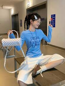 女款休閒字母印花長袖修身圓領T恤，春/夏 - 藍色 - 查看 5