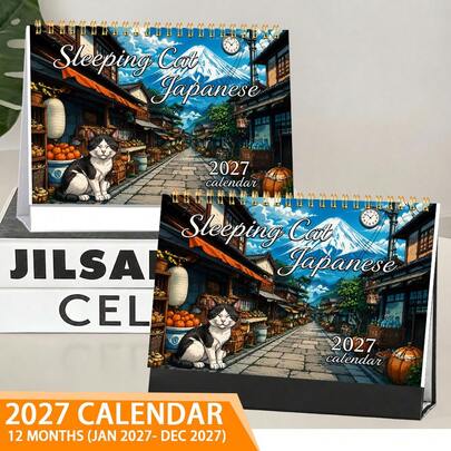 Japanese Style Cute Sleeping Cat 2D Cover Desk Calendar, 2027 Full Year Planner. The Image Showcases Japanese Street And Mount Scenery, With Cute Cats In Slouchy Poses That Are Super Healing. Suitable For Daily Office, School, Company And Other Scenes, Helping You Make A Good Schedule And Monthly Plan, It Is A Desktop Essential That Combines Practicality And Beauty.