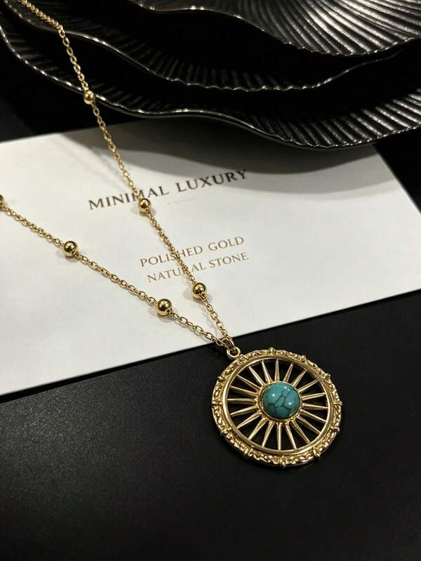 Boho Turquoise Sun Medallion Gold Necklace, Anti-Tarnish Beaded Thin Chain Vintage Women Neck Accessory