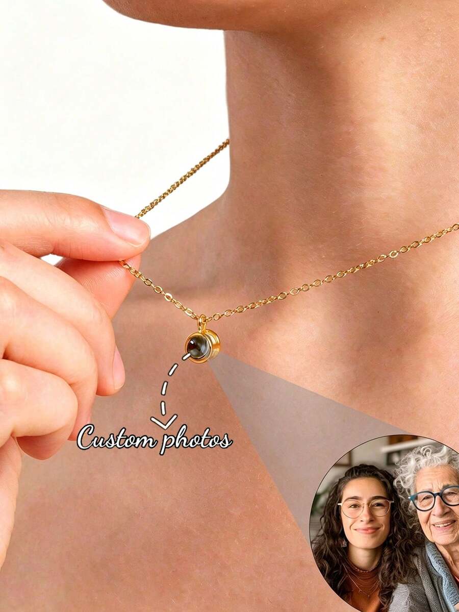 Custom Colorful Image Projection Pendant Necklace, Stainless Steel Chain, High Quality Minimalist Jewelry Gift For Women/Girlfriend