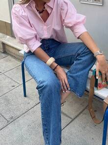 女款粉色鈕扣開襟長袖花瓣袖襯衫，基礎時尚款 - 粉色 - 查看 7
