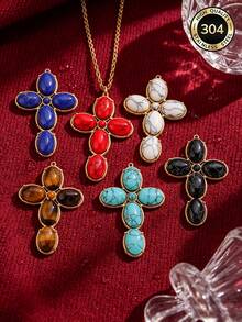 1 Pc 304 Stainless Steel 18K Gold Plated Natural Stone Cross Charm Multi Color Boho Cross Pendant DIY Necklace Jewelry Making Supplies - Cross - View 2