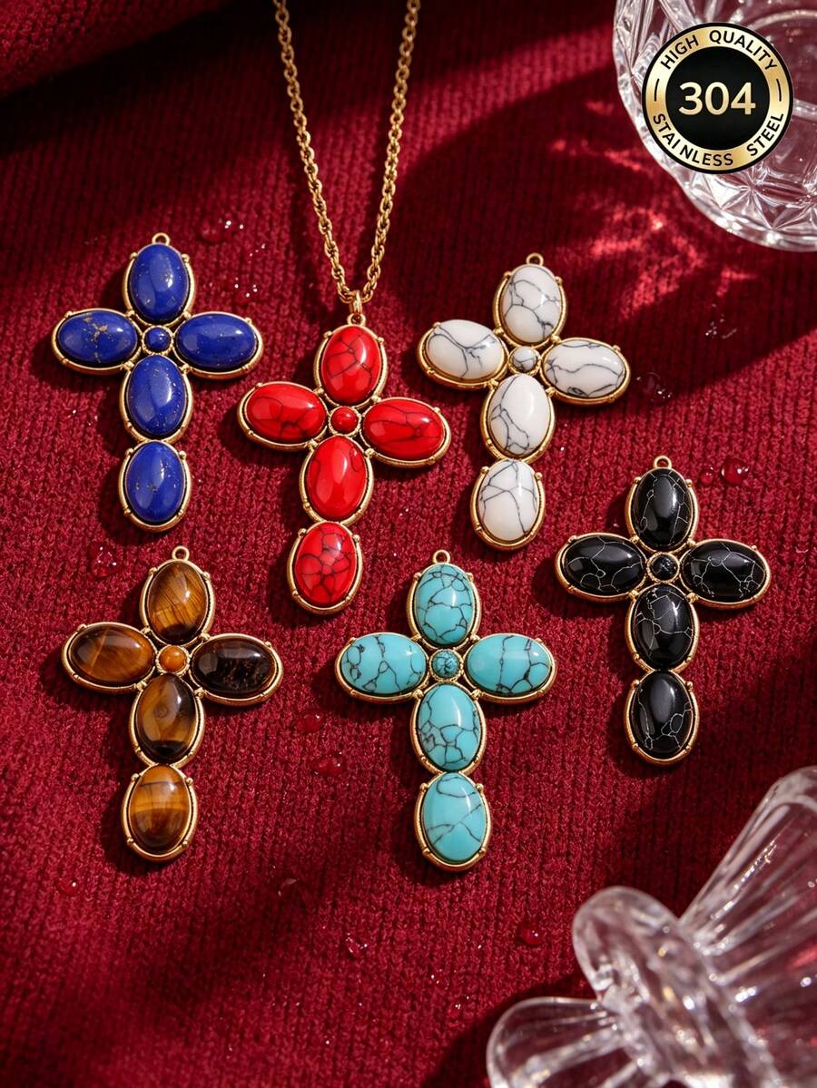 1 Pc 304 Stainless Steel 18K Gold Plated Natural Stone Cross Charm Multi Color Boho Cross Pendant DIY Necklace Jewelry Making Supplies