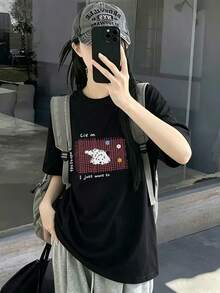 女款時尚夏季寬鬆圓領簡約字母線條小狗印花短袖T恤 黑色休閒 - 黑色 - 查看 3