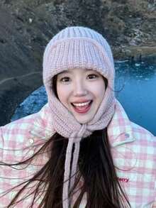 1pc Japanese Style Cute Pink Knitted Earflap Hat For Women, Face-Slimming Warm Winter Earflap Hat - Multicolor - View 3