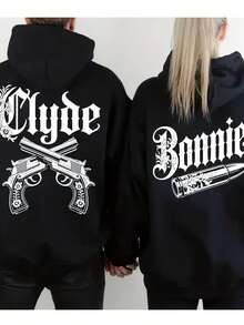 Couple Matching Gothic Bonnie And Clyde Print Hoodie, Unisex 250g Heavyweight Fleece Drawstring Pullover, Valentine's Casual Gift Sweatshirt - 男士款-黑色-1 - 查看 1