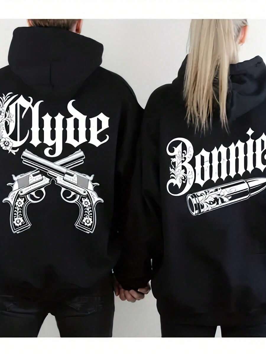 Couple Matching Gothic Bonnie And Clyde Print Hoodie, Unisex 250g Heavyweight Fleece Drawstring Pullover, Valentine's Casual Gift Sweatshirt - 男士款-黑色-1 - 查看 1