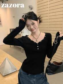 2026 Spring Women's Riveted V-Neck Long Sleeve T-Shirt, Slim Fit Layering Top Casual Black - Black - View 1