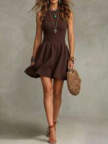 Women's Fall Winter Dark Brown Sleeveless Mock Neck Knit Mini Dress Fit & Flare Slim Fit Elegant Sexy Party Date Night Going Out Casual Wear Summer - Brown - View 4